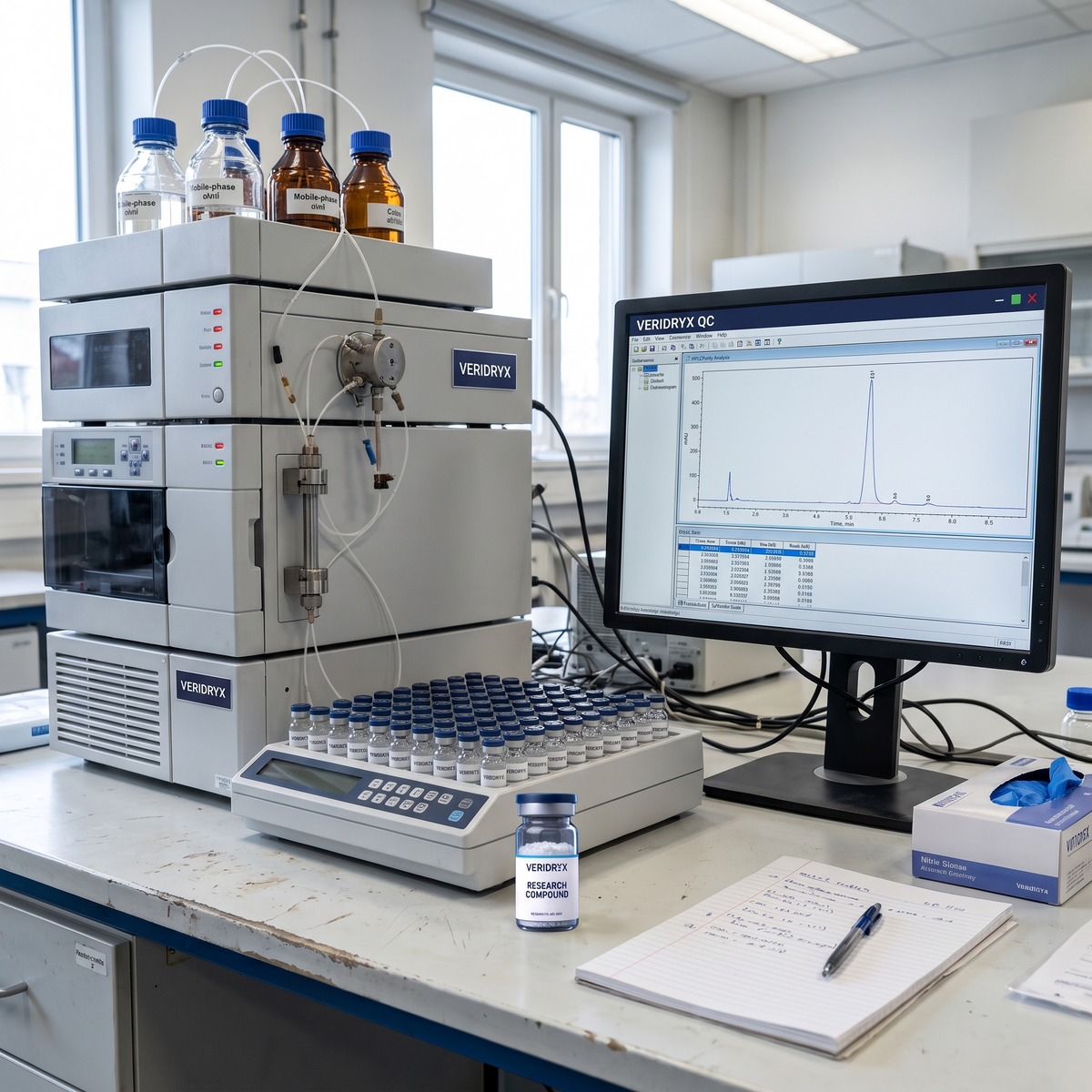 Veridryx QC lab HPLC system with autosampler of Veridryx vials and chromatogram on screen