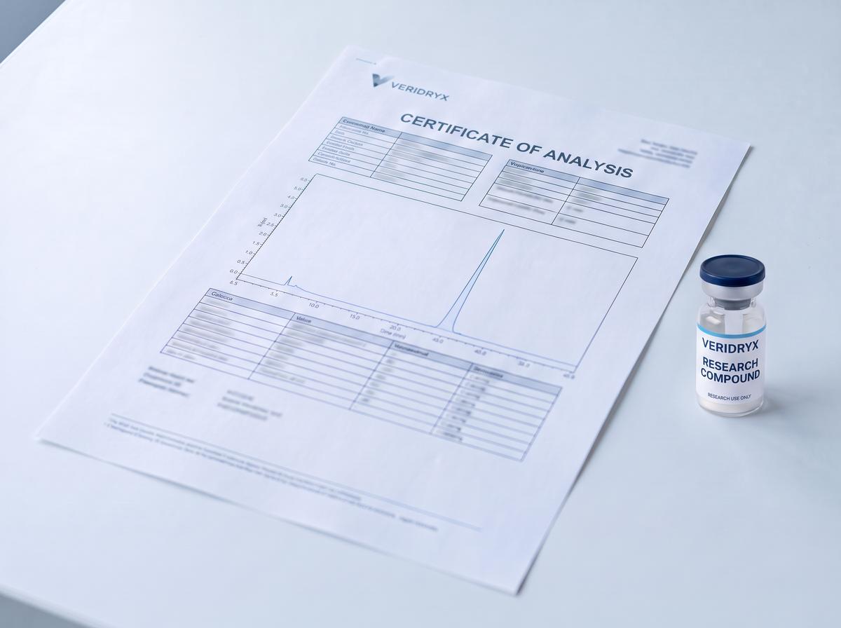 Veridryx research vial with certificate of analysis