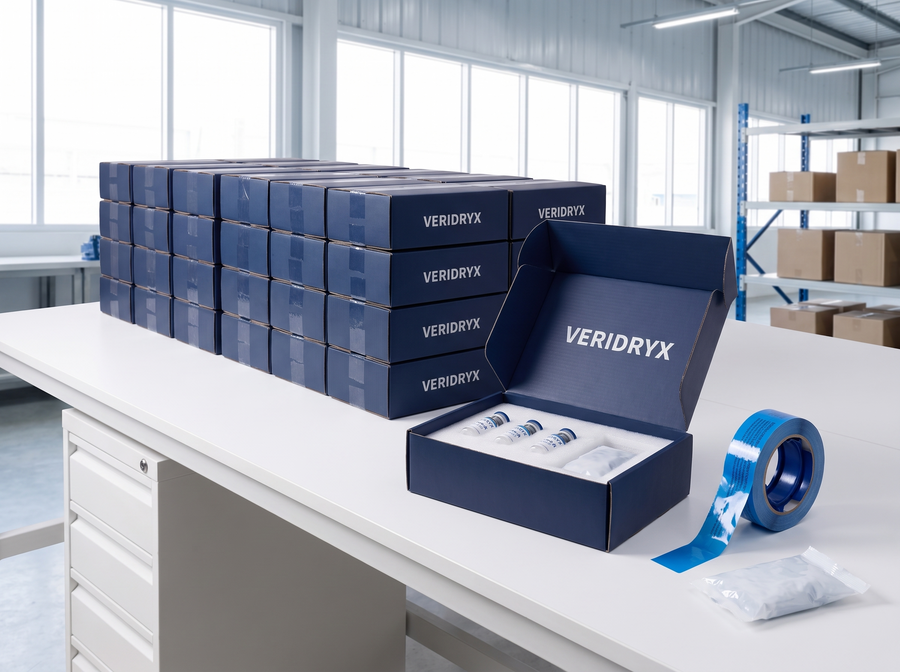 Stacked Veridryx cartons and an open Veridryx box packed for a wholesale order