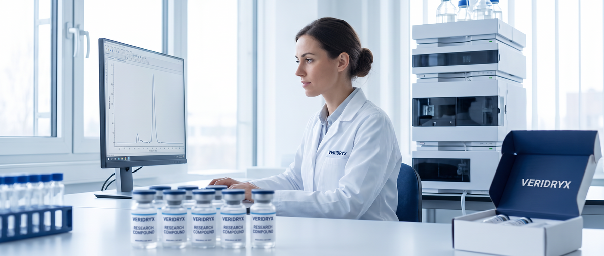 Analytical chemist reviewing an HPLC chromatogram beside Veridryx research vials