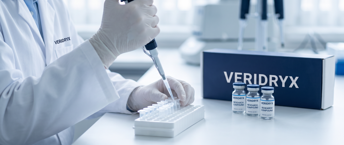 Lab technician pipetting samples with Veridryx research vials and box on the bench