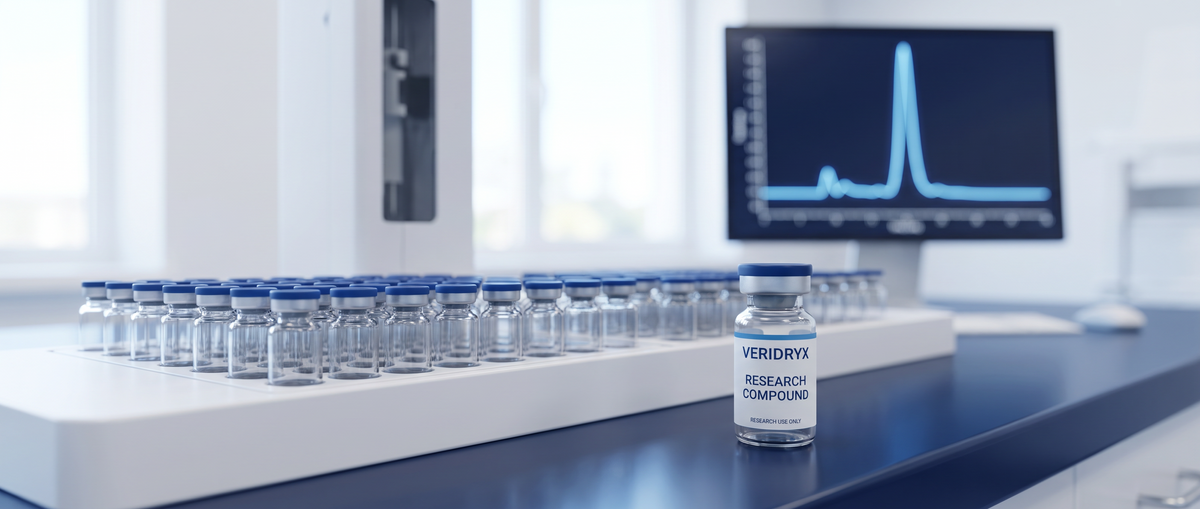 HPLC autosampler tray with a Veridryx research vial and chromatogram on screen
