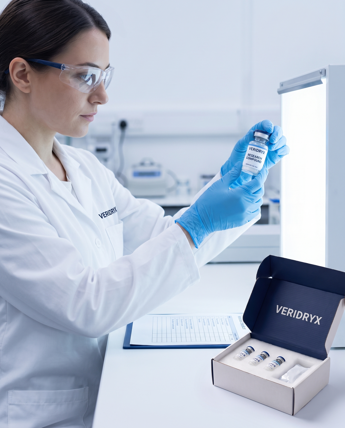 Quality analyst inspecting a Veridryx research vial against a light panel