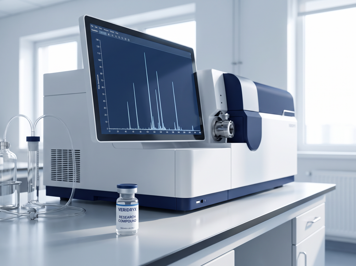 Mass spectrometer showing a mass spectrum next to a Veridryx research vial
