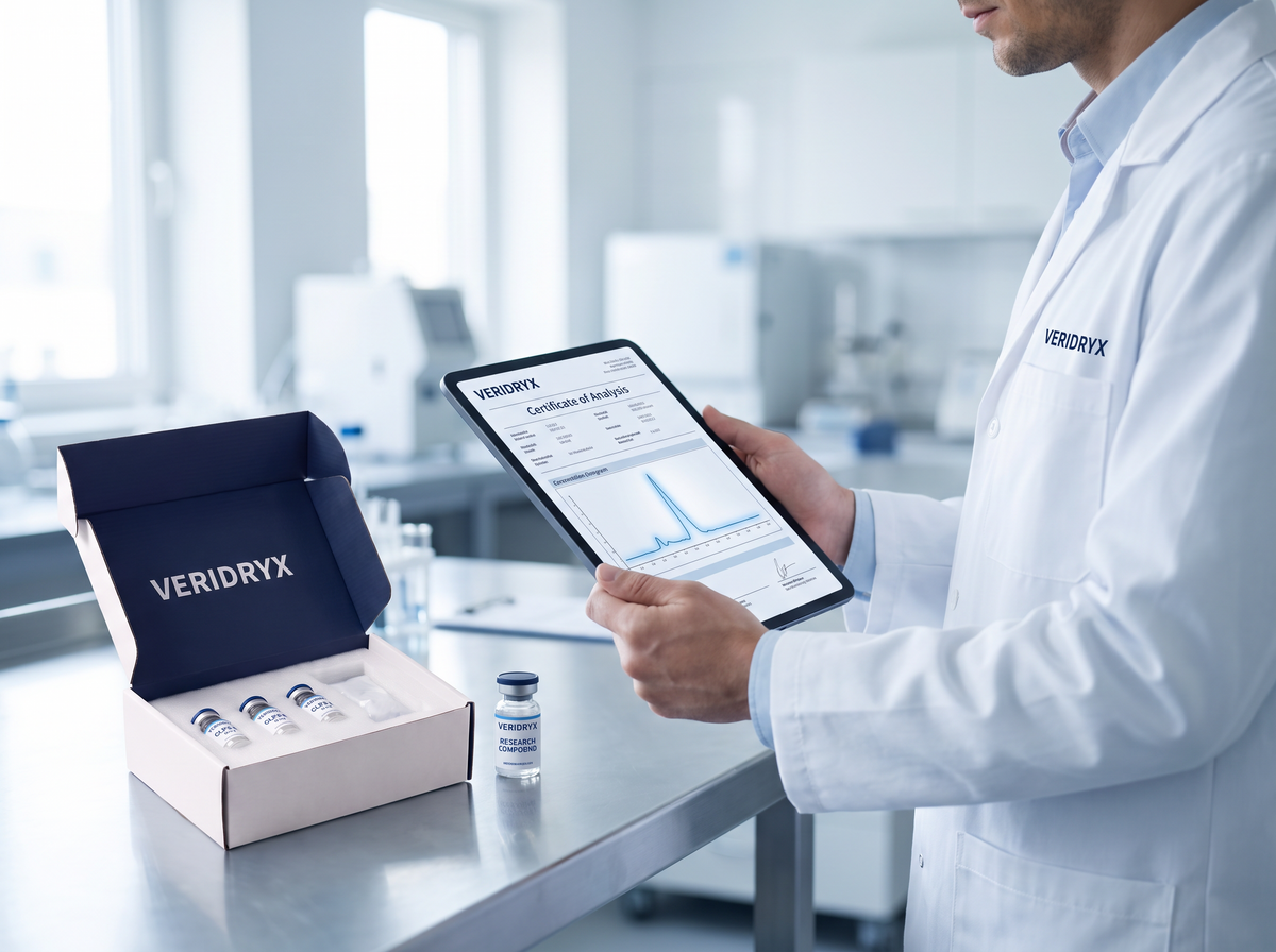 Scientist reviewing a Veridryx certificate of analysis on a tablet