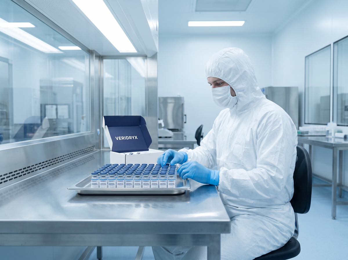Technician in cleanroom gown handling a tray of Veridryx research vials