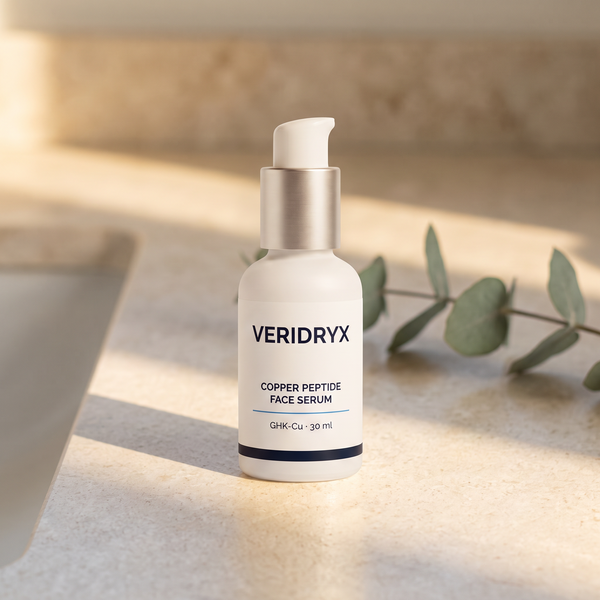 Veridryx serum on bathroom counter